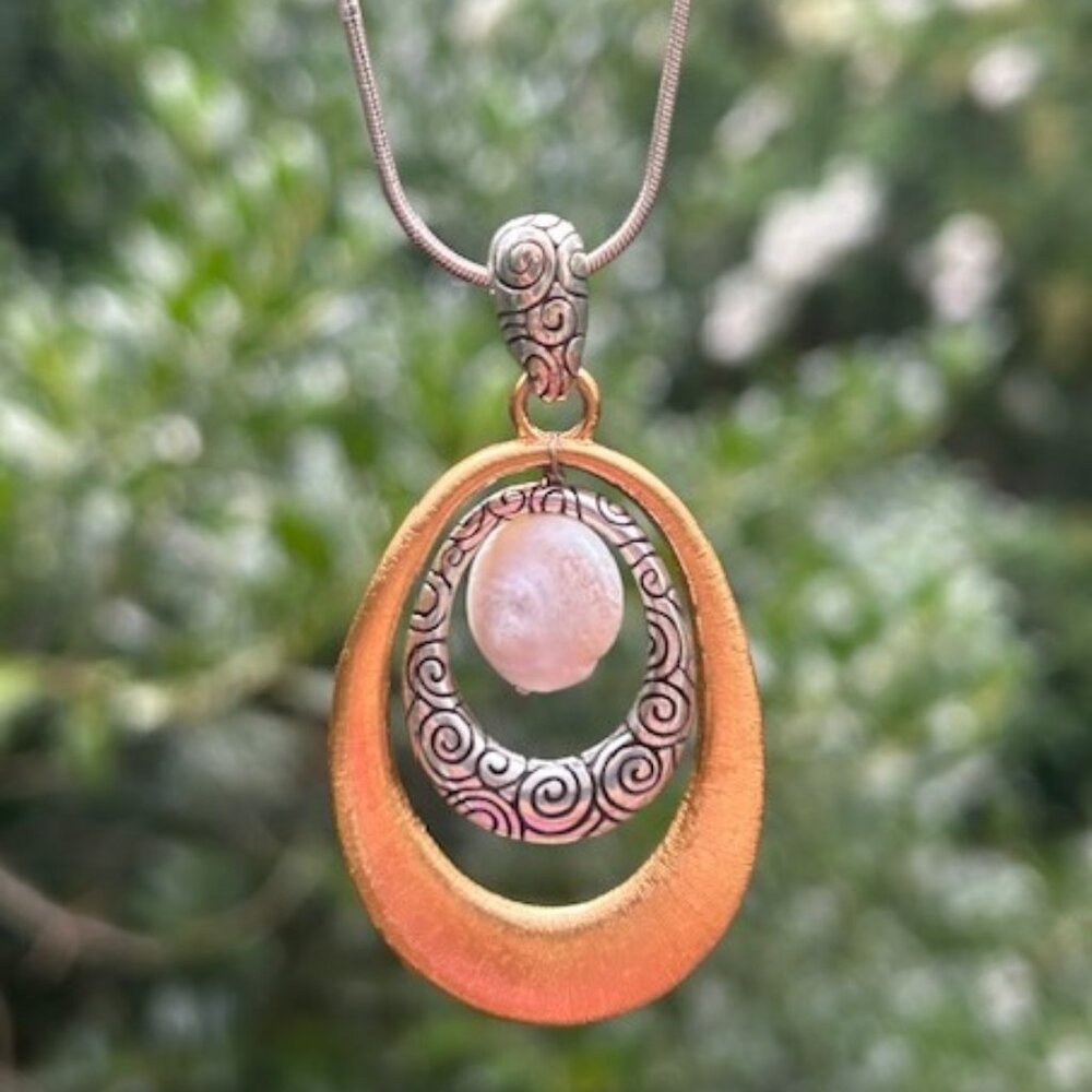 BRIGHTON Brushed Gold Tone Silver Swirl Mother of Pearl Oval Pendant NECKLACE